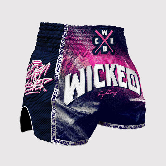 Short de Muay Thai Wicked1 en spray bleu marine et rose